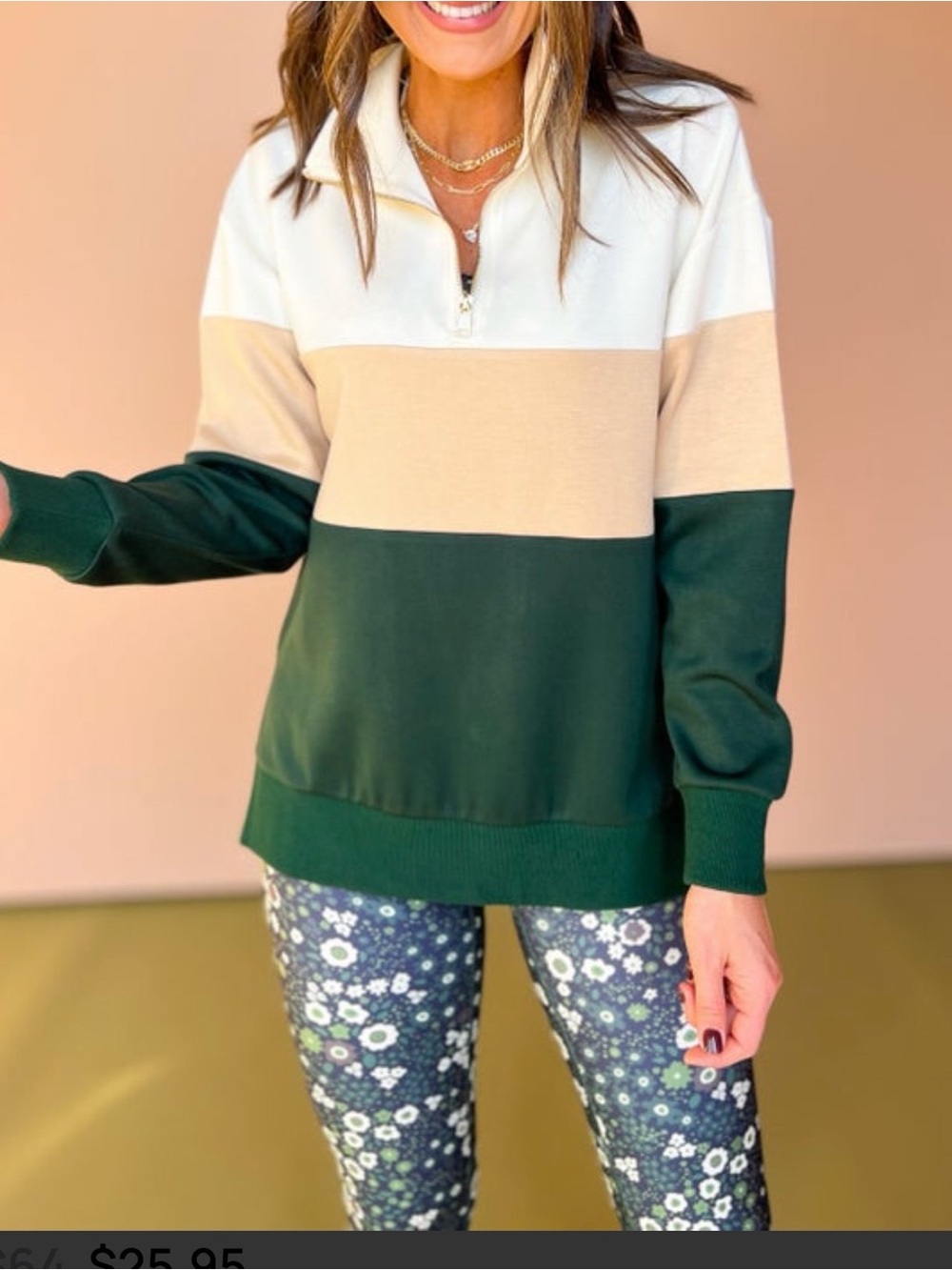 Women's Colorblock Half-Zip Pullover Sweatshirt - Cream, Tan & Dark Green - Picture 10 of 10